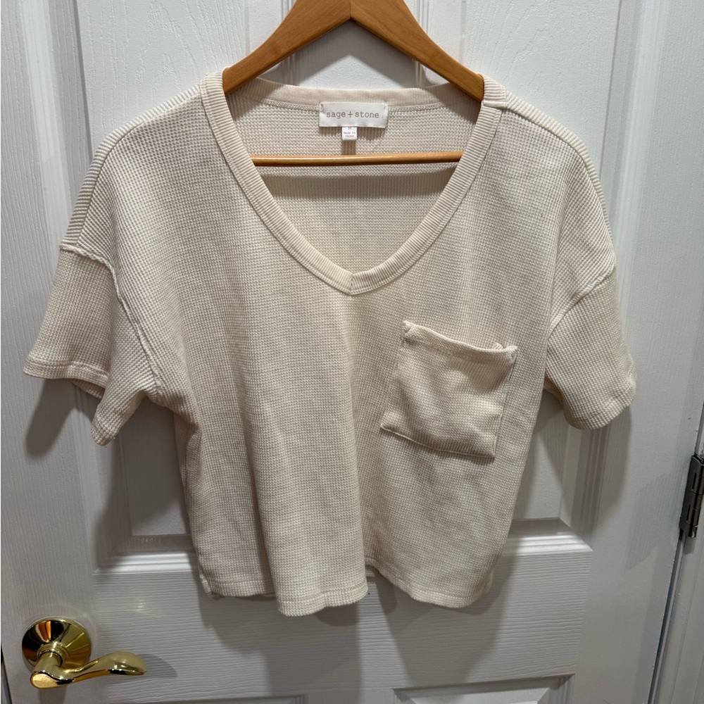 Sage & Stone Cream V-Neck Waffle Knit Cropped Tee